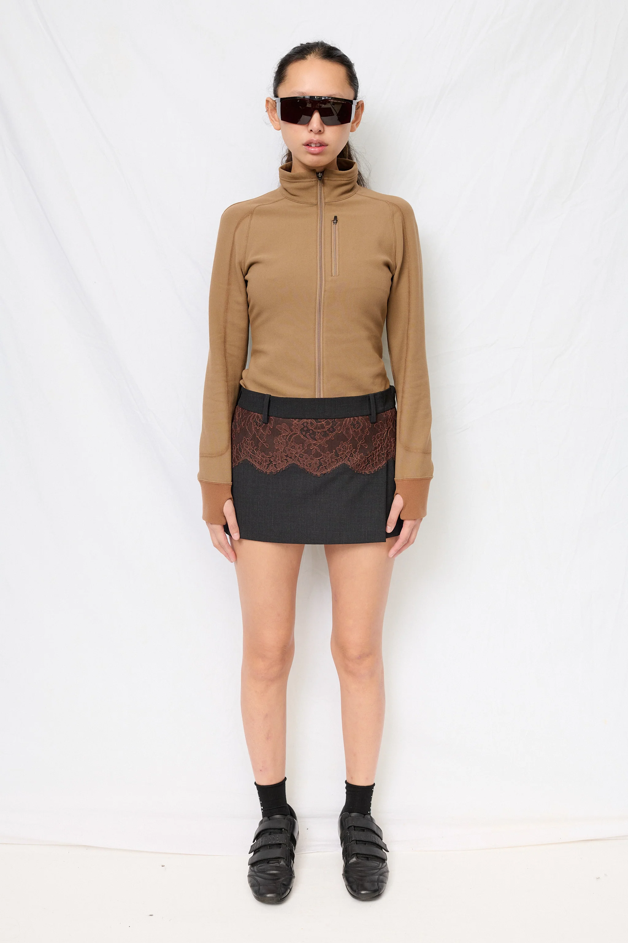 Charcoal/Brown Suiting Lace Waist Mini Skirt 3